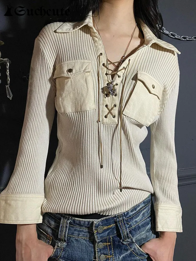 

SUCHCUTE Aesthetic Cross Bandage Women T-Shirts Korean Fashion Long Sleeve Pullover Streetwear Pocket Turndown Collar Crop Tops