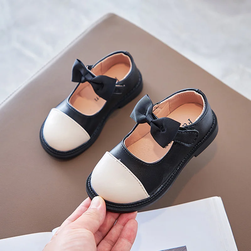 

Kid Splicing Leather Shoes Shallow Girls Bowknot Hook and Loop Mary Jane Shoe 2022 Autumn Child Shallow Flat Shoe 26-36