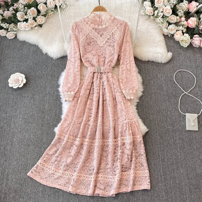 

ELLIEXI Lace Hollow Out Slim Elegant Dress Women High Waist Sashes A-line Dresses Stand Collar Office Lady Party Vestidos