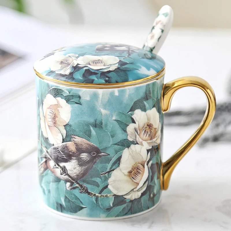 

Ceramic Mug Set With Spoon Lid Coffee Cup Tea Milk Mugs Fashtion Retro Bird Pattern Large Capacity Mug Bone China Cup Water Cup