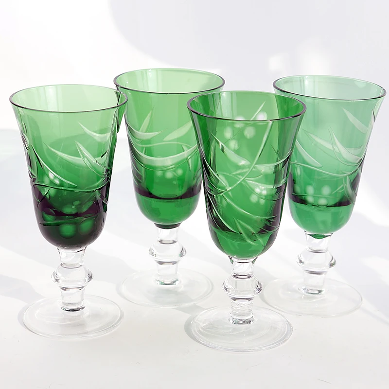 

Green Glass Wine Goblet Cocktail Small Glasses Stemware Hand Carved Edo Kiriko Glass Two Pieces