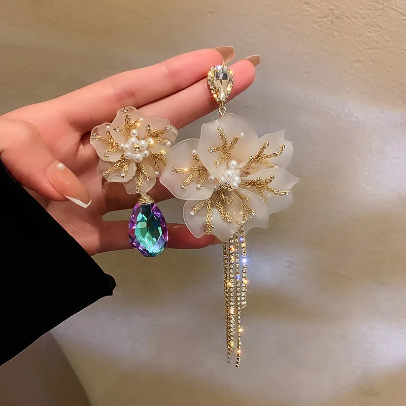 

Fashion Beaded Crystal Flower Tassel Earrings Exaggerated 2023 New Trendy Earrings Women