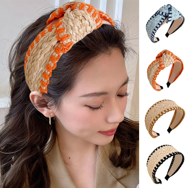 

New Women Hairband Straw Weaving Knotted Headband Bohemian Wide Cross Knot Hair Bands Hair Hoop Handmade Hair Accessories