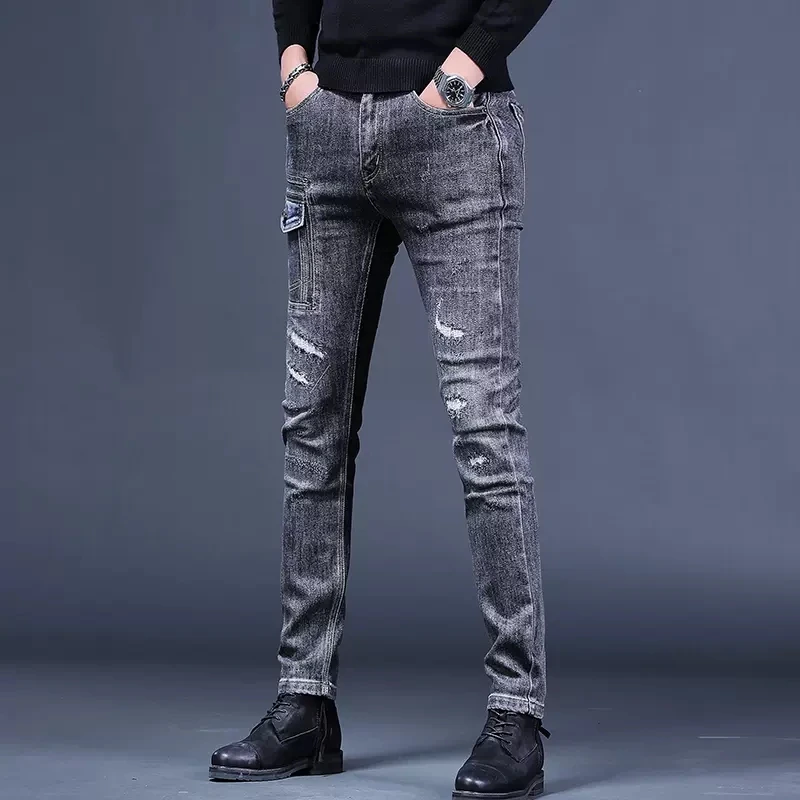 Men's Black Gray Ripped Jeans Autumn Mens Slim Fit Straight Pants Streetwear Fashion Patchwork Pocket Denim Trousers CP2005