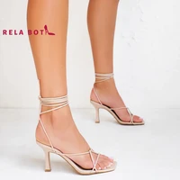 square head casual ankle strap stiletto heels women party elastic band women sandals crossover strap solid rubber fashion shoes