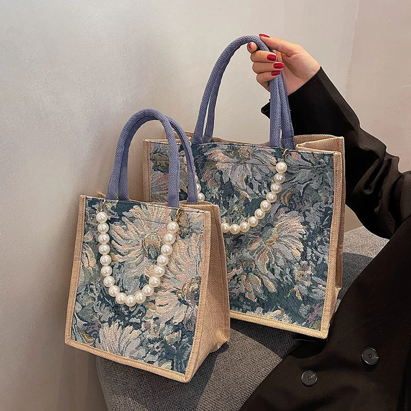 

Tote Bags for Women Handbags Bag Luxury New Weave Canvas Pearl Chain Shoulder Bags Large Capacity Shopper Handbag