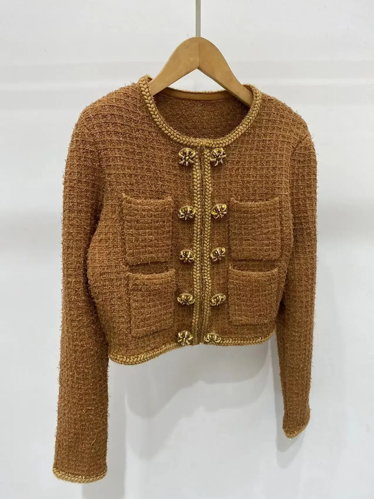 sp2024 осень и зима Xiaoxiangfeng двубортная пряжка с ромбовидной пряжкой блестками