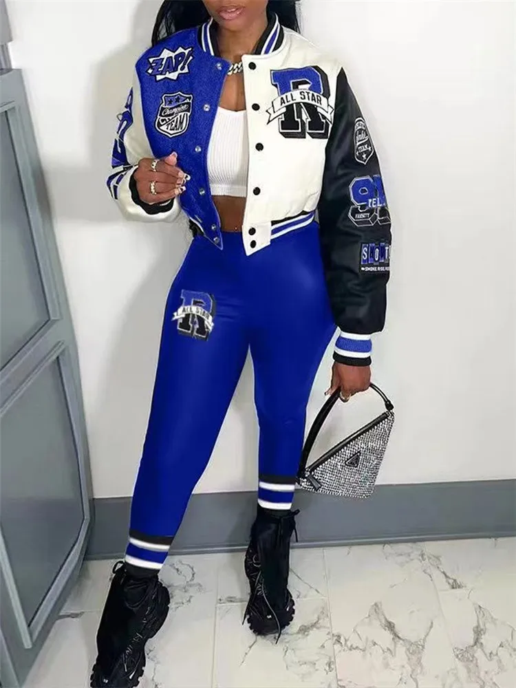 Sets Outifits NEW Colorblock Graphic Print Baseball Jacket & Pants Set of Two Fashion Casual Pieces for Women Tracksuits