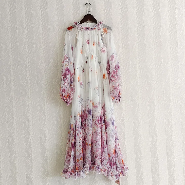 

Женское ажурное длинное платье с цветочным принтом, белое праздничное бальное платье с рюшами и рукавами-фонариками, вечернее платье, одежд...