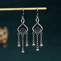 china style jewelry copper plated thai silver earrings flower vintage old tassel chain ancient costume earrings for women 56mm