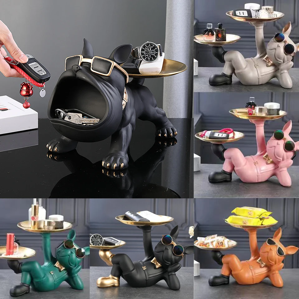 

Nordic French Bulldog Butler Décor with Tray Big Mouth Dog Statue Storage Box Animal Sculputre Resin Figurine Home Decor Gifts