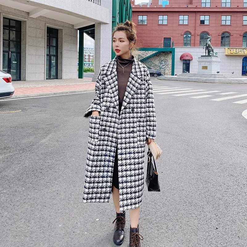 

Winter Jacket Female Autumn Fashion All-Match Bird Plaid Women's Coat Loose Casual Big Size Thickened Warm Woollen New Overcoat