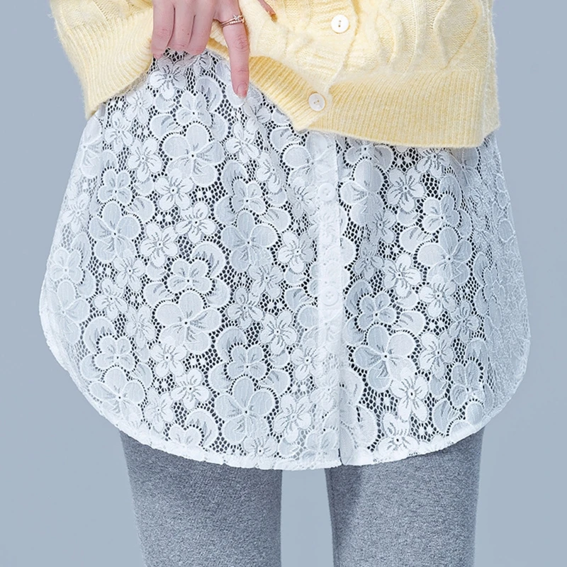 

Women Cherry Blossom Lace Shirt Extender Split Button Layering Top Hemline Skirt