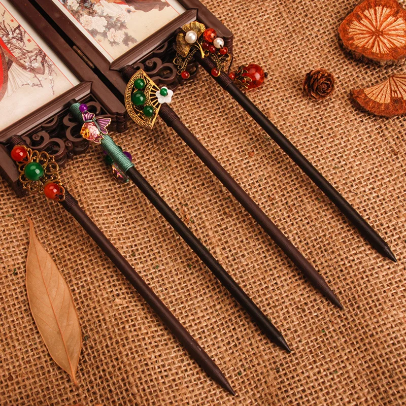 

Ancient Style handmade wooden with flowor hairpins Headwear hair disk glass crystal jade beads tassel hang buyao hairpins women
