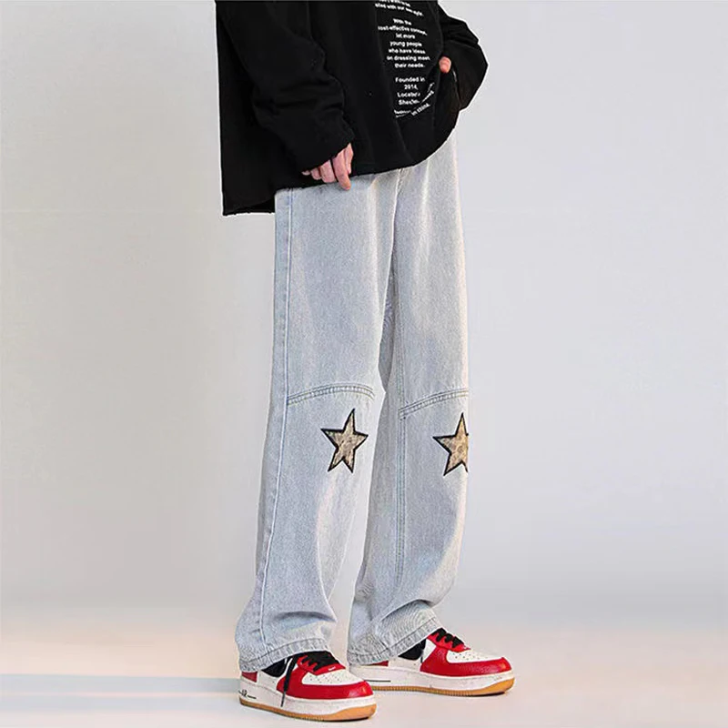 Men Jeans Loose Patchwork Design Embroidered Star Pattern Men and Women Hip Hop Y2k Pants Streetwear High Quality Workwear Jeans