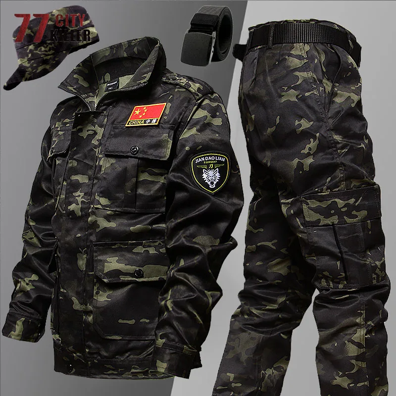 Camouflage Military Tactical Sets Men Multi-Pockets Wear-resistant Combat Jacket+cargo Pants Outdoor Training Fishing Suits Male