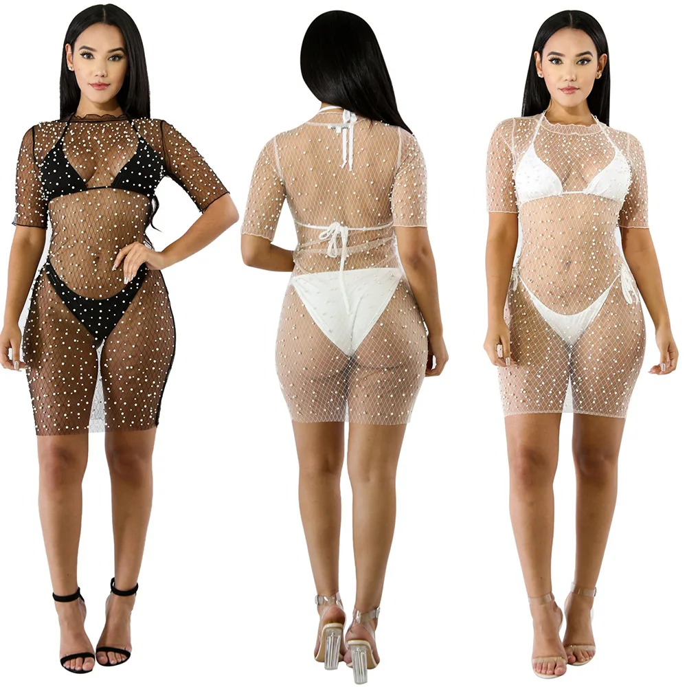 

Women's sexy dress 2023 summer new fashion see-through mesh play bubble beads beach dress nightclub dress