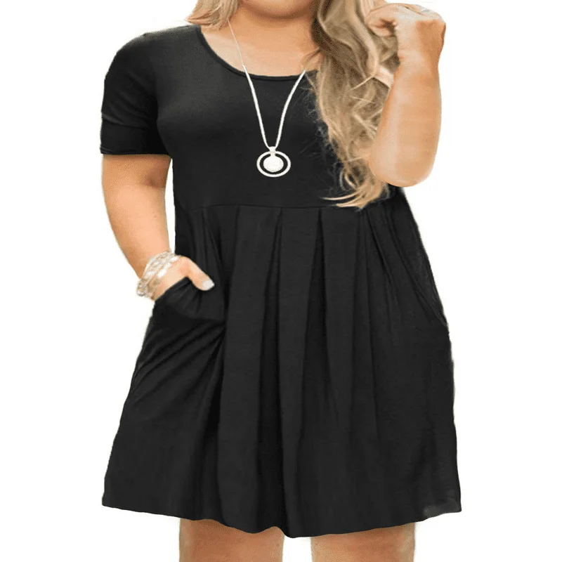 

Women`s Plus Size Short Sleeve Pleated Casual Shirt Dress of Female