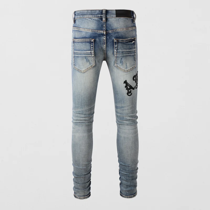 Fashion Streetwear Men Jeans Retro Light Blue Stretch Slim Fit Hole Ripped Jeans Men Brand Patch Designer Hip Hop Pants Hombre