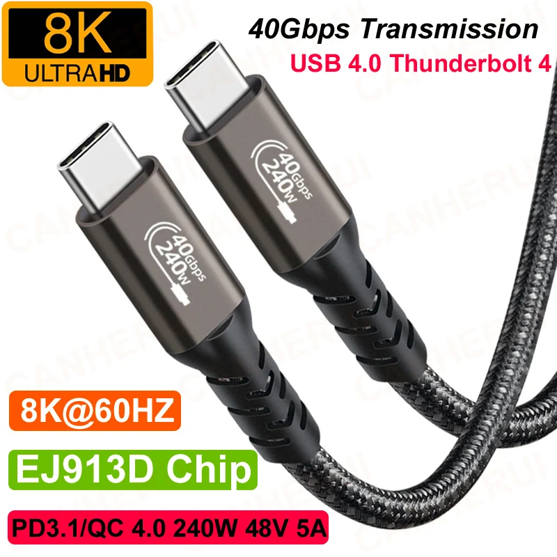 

0.5M/1M/1.5M Braid Shielded USB 4.0 Type C 40Gbps K@60Hz 4K/1080P PD 3.1/QC 4.0 240W 48V 5A Fast Charging Video Audio Data Cable EJ913D For Laptop Notebook Phone TV HDTV Projection Thunderbolt 3/4