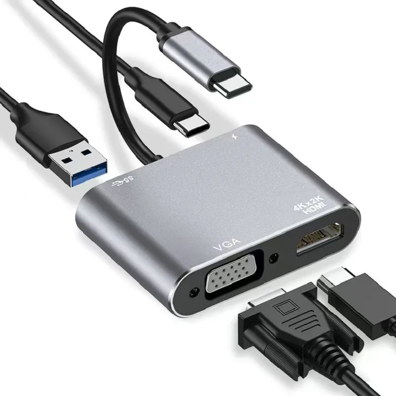 3 в 1 адаптер USB C к HDMI и VGA многопортовый концентратор 4K 1080P совместимый с PD цифровой