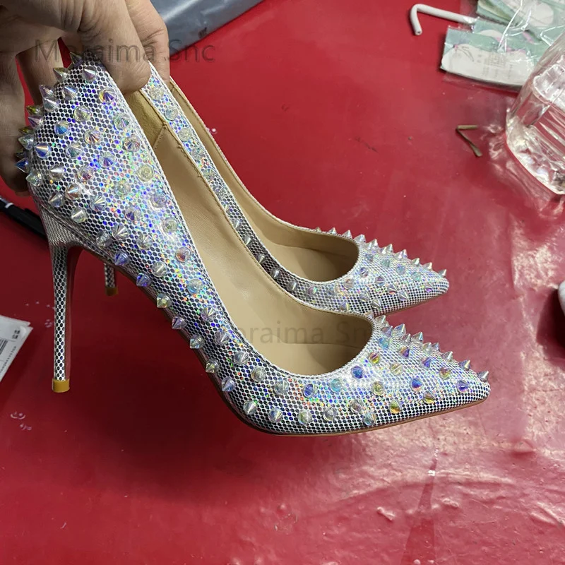 Spikes Rivets High Heels Women Pumps Muticolors Fashion Stiletto Heel Pointed Toe Leather Shoes Office Lady Party Wedding Shoes