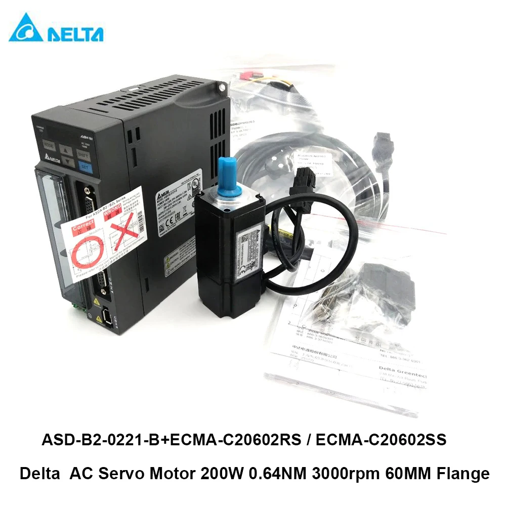 

Delta AC Servo Motor Drive 200W 0.64NM 3000rpm 60MM 16bit Incremental ASD-B2-0221-B ECMA-C20602RS ECMA-C20602SS Motor with brake