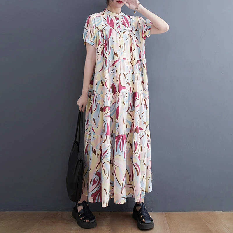 

Clothing Casual Loose Style Beige Holiday Fit Korean Dress Shirt Robe Printed Cute Dress Size Big New Large Long Summer