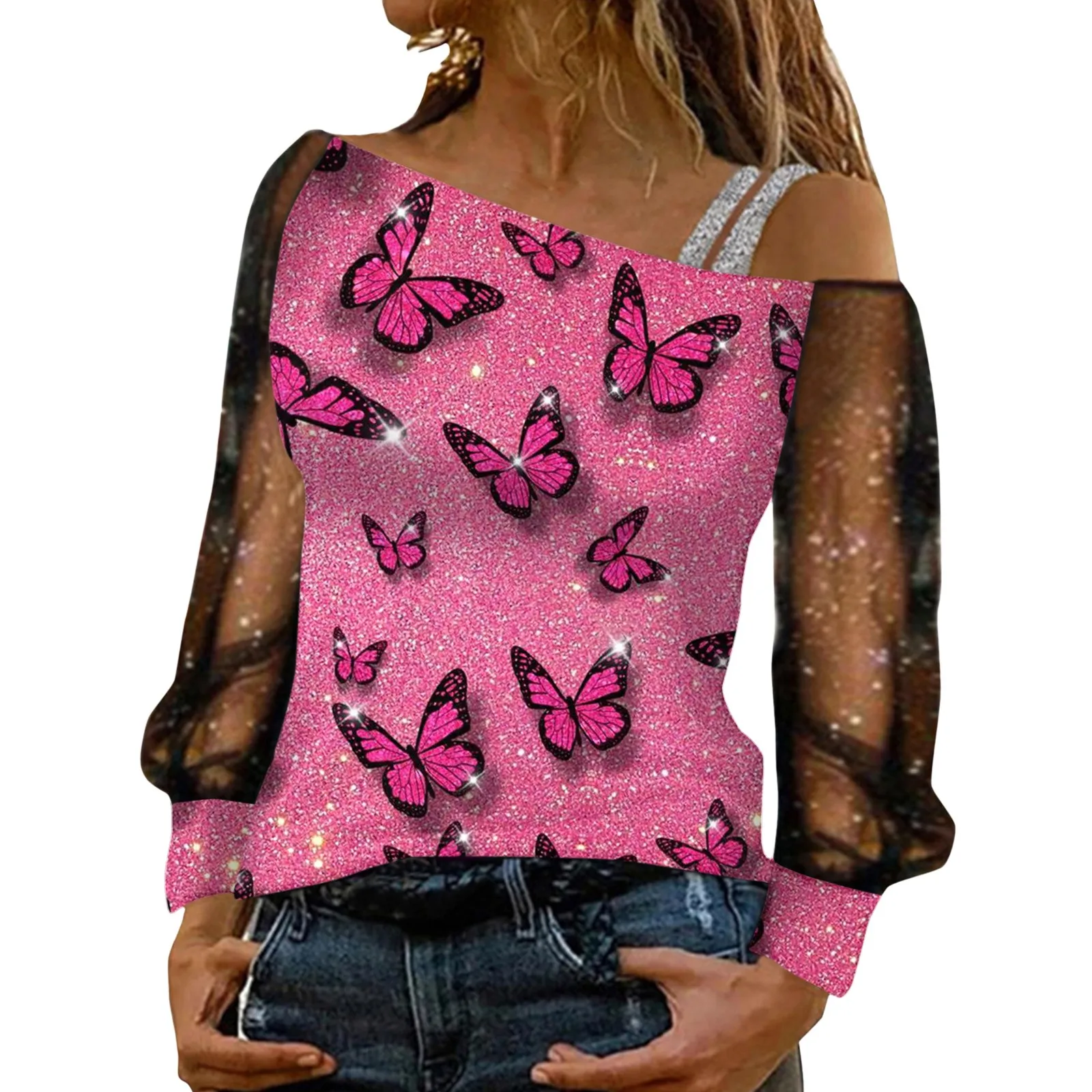 

Women Fashion Casual Sequin Print Off Shoulder Mesh Long Womens S Womens Tennis Shirts Short Sleeve Summer Tops for Women Casual