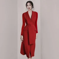 runway designer spring office ladies long dress high quality women red sleeveless belt dress sexy v neck bodycon vestidos