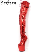 sorbern mid thigh high boots heelless platform shoe no heel custom shaft length leg width fetish boot drag queen show shoes