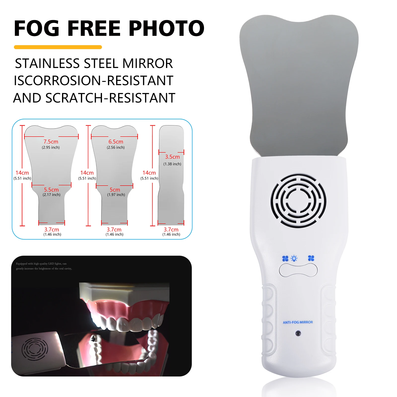 USB Charge Dental Stainless Steel Orthodontic Glass Photo Photography Dental Anti-fog Imaging Reflector Oral Mirror With Light