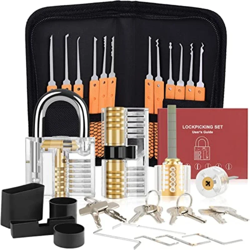 

BLACK Lock Picking Kit Practice Tools with 1/2/3/4 Clear Locks Transparent Padlock Unlocking Tool Kit