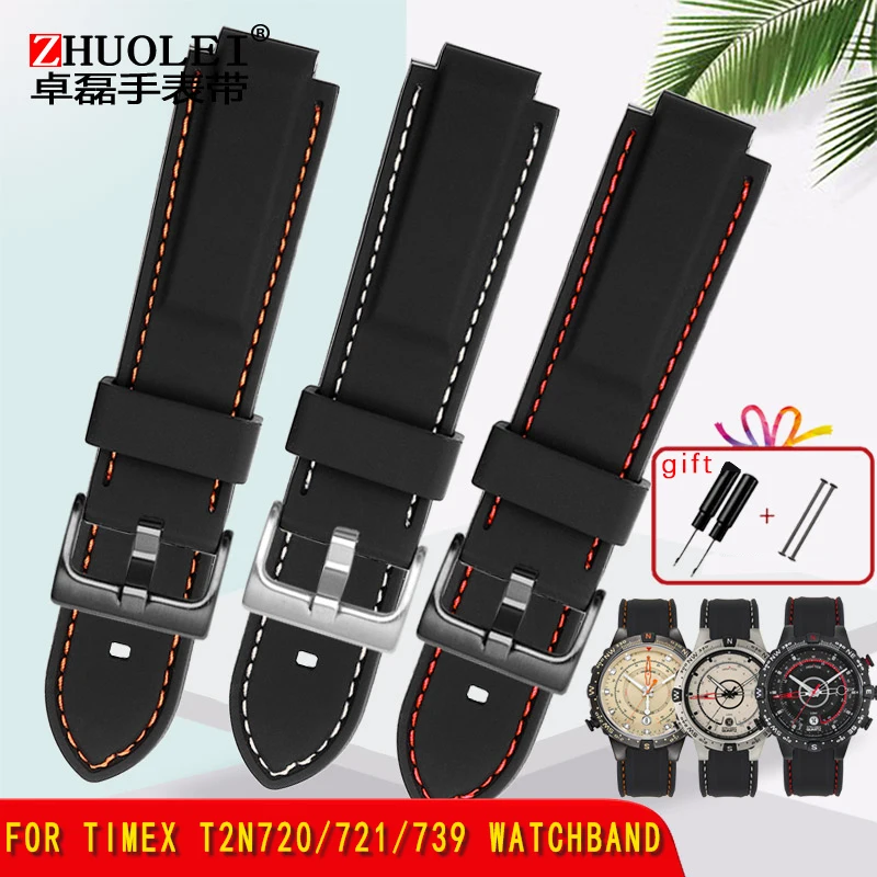 

for men's Timex E-tide Compass T2N720 T2N721 TW2T76300 waterproof soft Silicone Rubber Watchband strap with tools Screw pins
