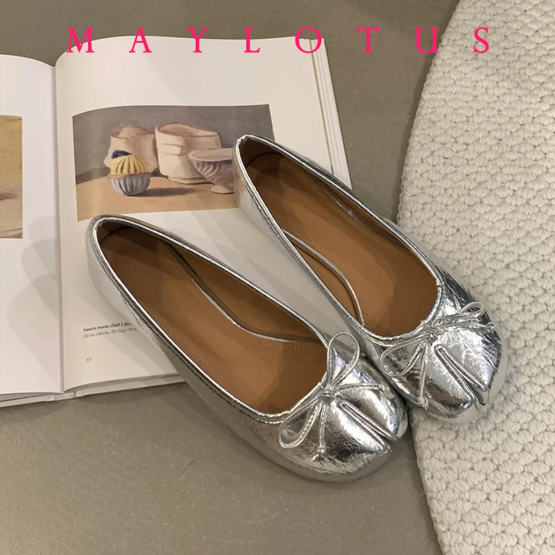 Балетки женские с бантом мягкая кожа без застежки плоская подошва разрезом