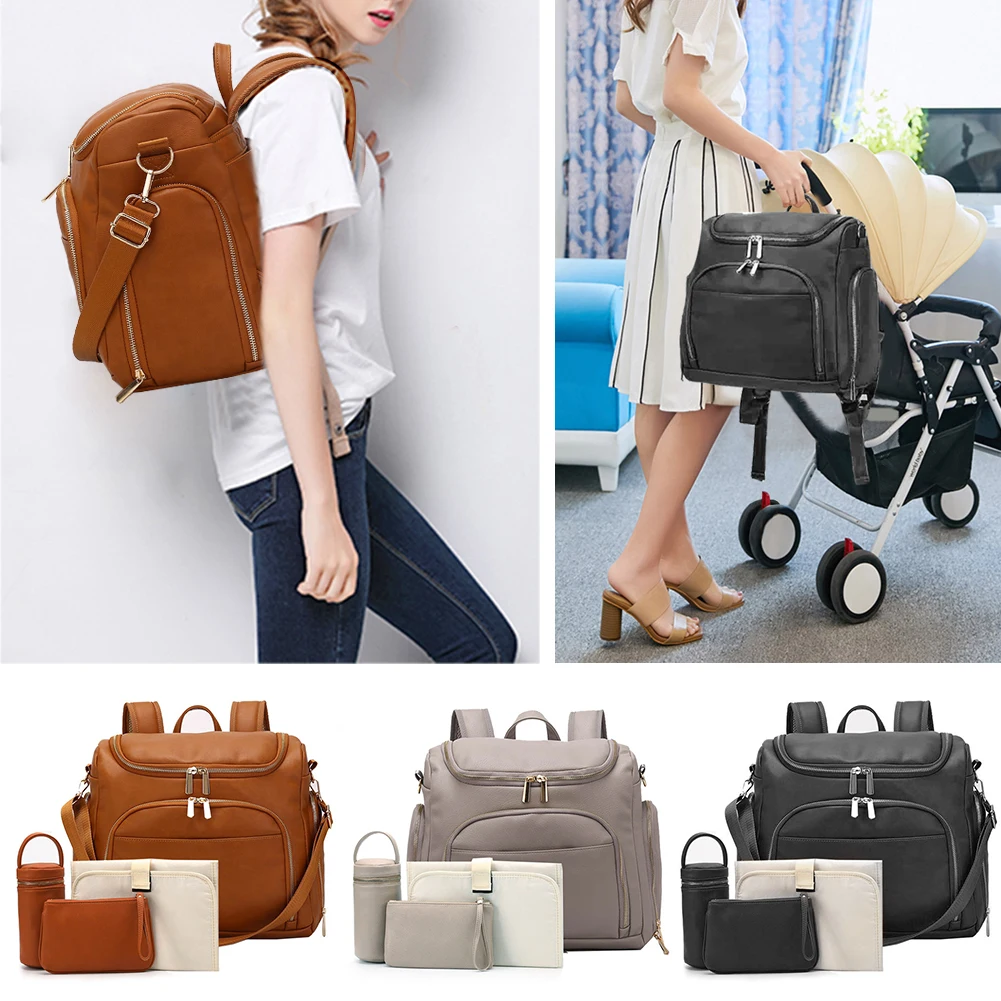 

Baby Diaper Bag Solid PU Leather Mummy Maternity Bag Large Capacity Travel Back Pack Stroller Bags with Changing Pad