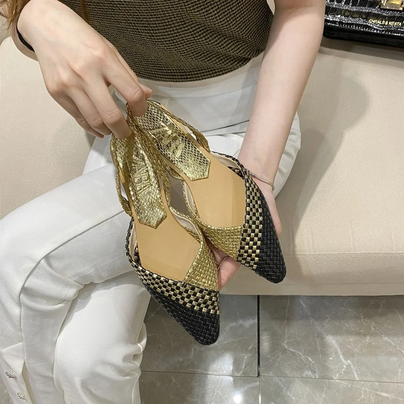 

Summer Sandalias Women Pointed Toe Colorblock Braided Sandals Hollow Back Flat Woman Shoes Zapatos De Mujer
