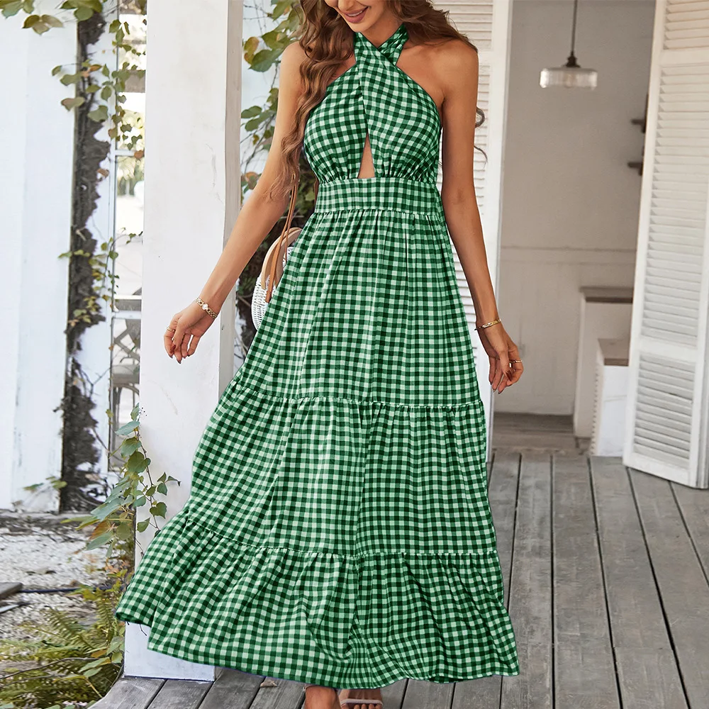 

2022 Summer Women Halter Neck Dress Cross Plaid Sleeveless Dress for Women Stitching Large Swing Casual Loose Sundress Vestidos