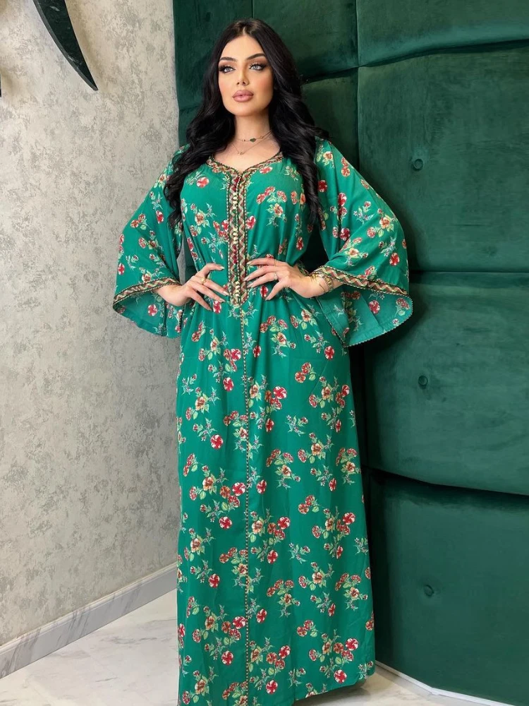 Jalabiya Kaftan Abaya Dubai Loose Floral Printed Long Arabic Muslim Dress Women Moroccan Islam Party Evening Dresses Ramadan Eid