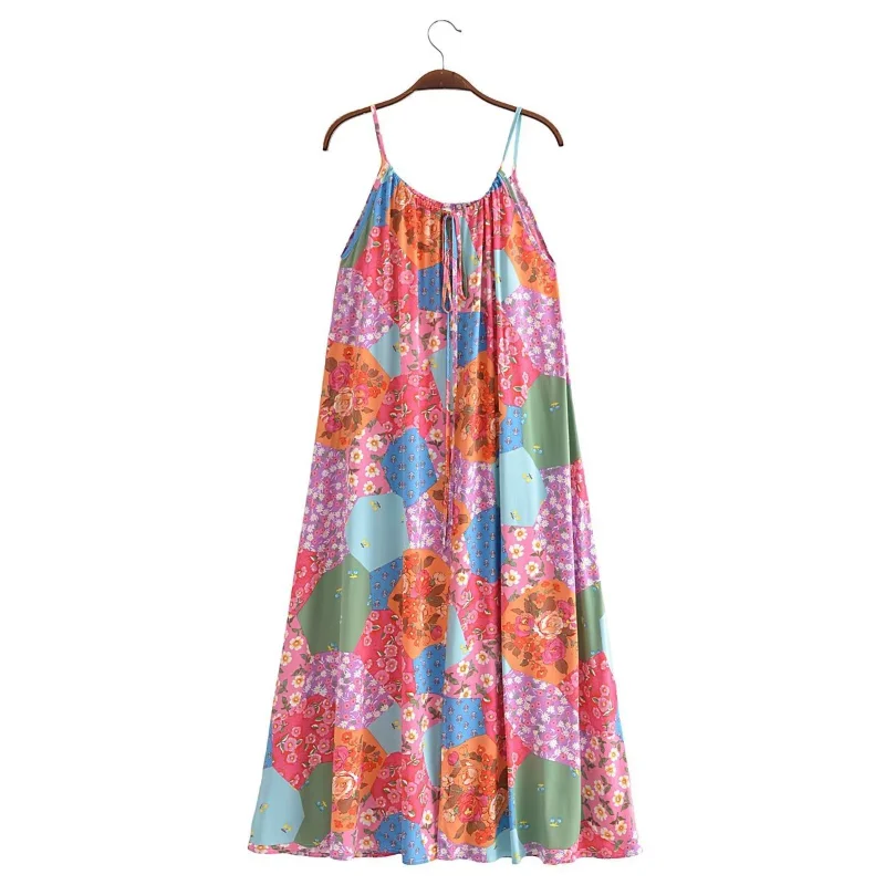 

2023 artificial cotton water printed A-line hanging vacation beach with dress