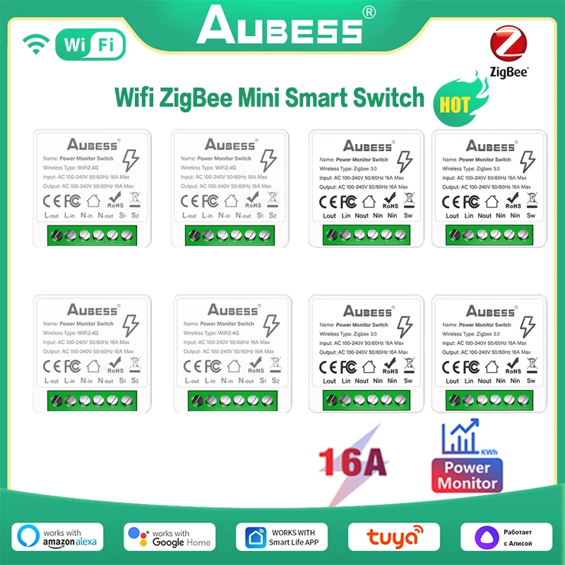 

Aubess Tuya Wifi ZigBee 16A DIY Light Switches APP Remote Timing Wireless Control MINI Smart Switch Via Alexa Google Home Alice