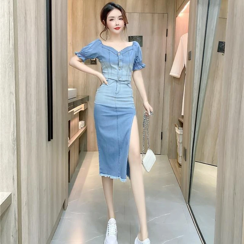 

2022 New Summer Woman Fashion Denim Skirt Suits Female Short Sleeve Denim Shirt and Mid-length Skirts Sets Two Piece Suits A80