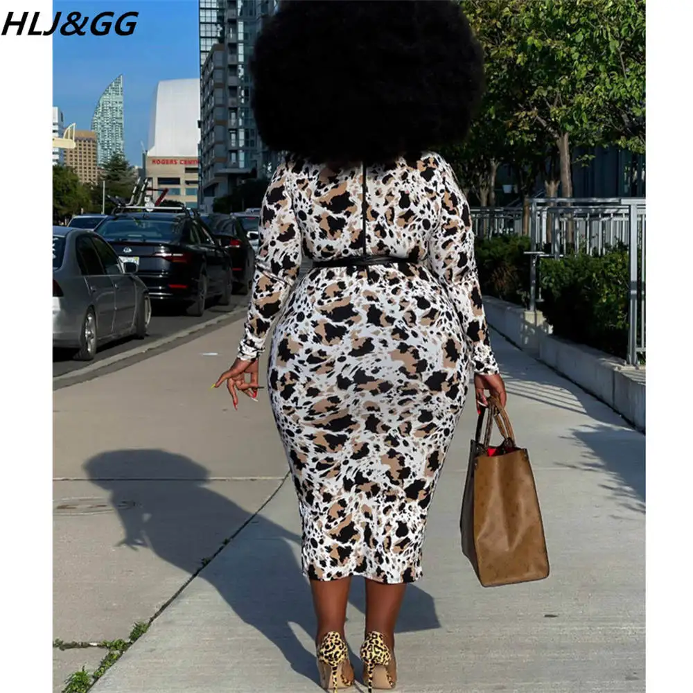 HLJ&GG Fall Winter Plus Size Women Clothing 5XL Casual Round Neck Long Sleeve Leopard Print Mid Dresses Fashion Bodycon Vestidos