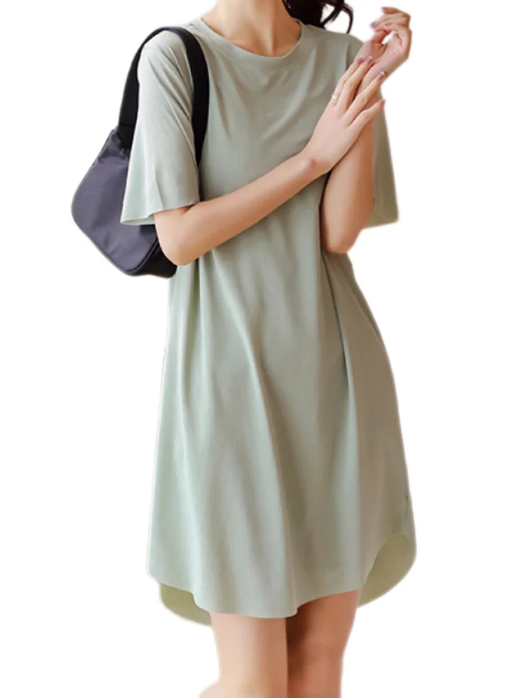 Летняя длинная футболка однотонные платья для женщин большие размеры вырез