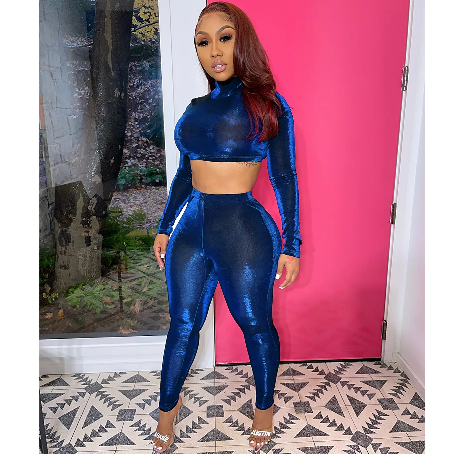 

Женский костюм с длинным рукавом Wishyear, черный комплект из 2 предметов, укороченный топ и брюки, Клубная одежда, сексуальная одежда для женщин...