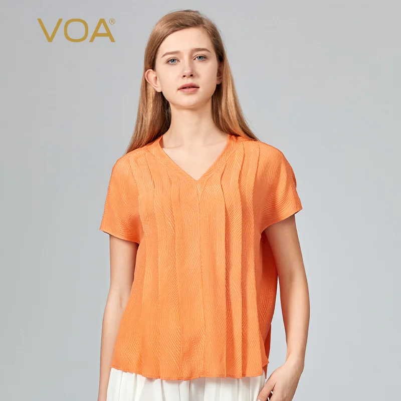 

VOA Jacquard Crown Le Crepe Silk V-Neck Short Sleeve Woman Tshirts Taco Pleated Hem Split Breathable Cool Orange T-Shirt BE1013