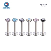 astm f136 titanium push in set prong cubic zircon lip stud threadless labret ear tragus cartilage piercing body jewelry