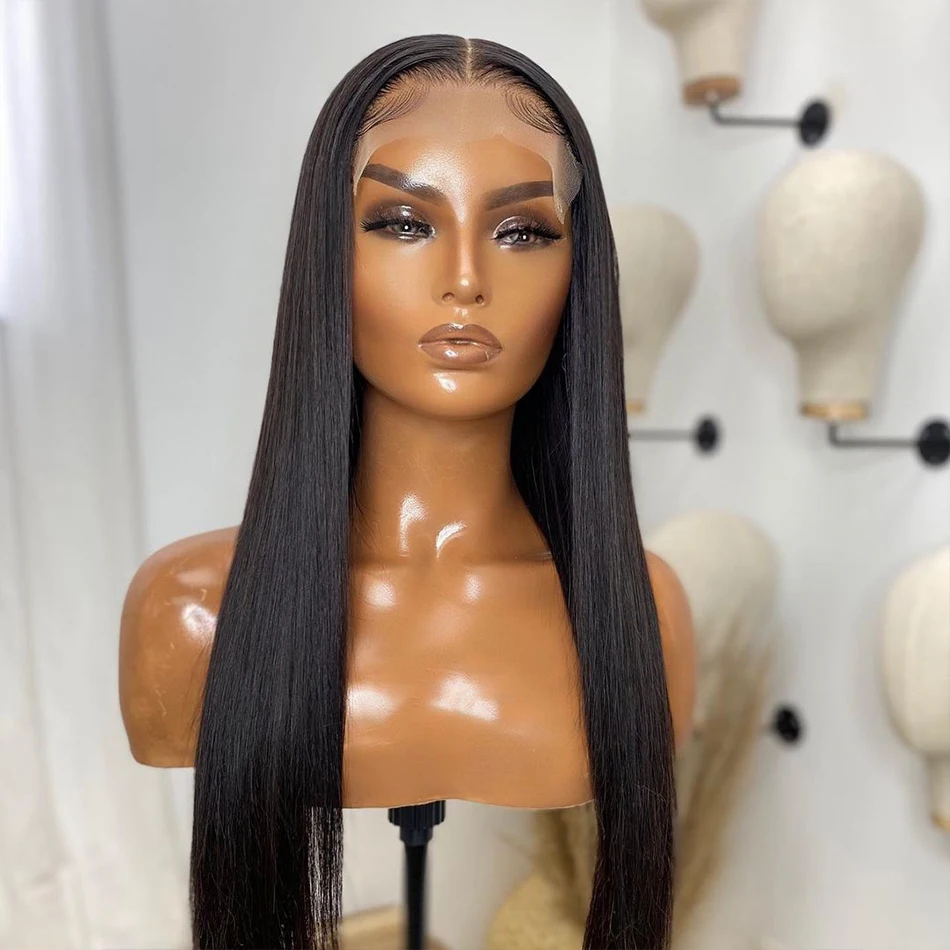 

Brazilian Natural Black Long Silky Straight 26Inch 180%Density Pre Plucked Soft Glueless Lace Front Wig For Women With Baby Hair