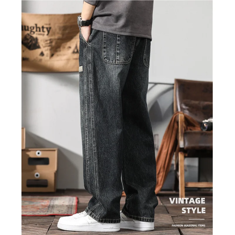 Streetwear Men 2022 New Pattern Vintage Recreational Blue Black Jeans Loose Straight Cylinder Broad  Leg Trousers Autumn Female