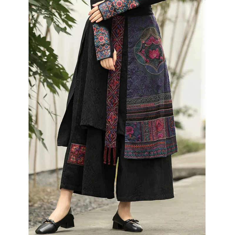 2023 ethnic harajuku women embroidery pants skirts chinese style vintage wide leg skirt pants cotton linen tassel patchwork